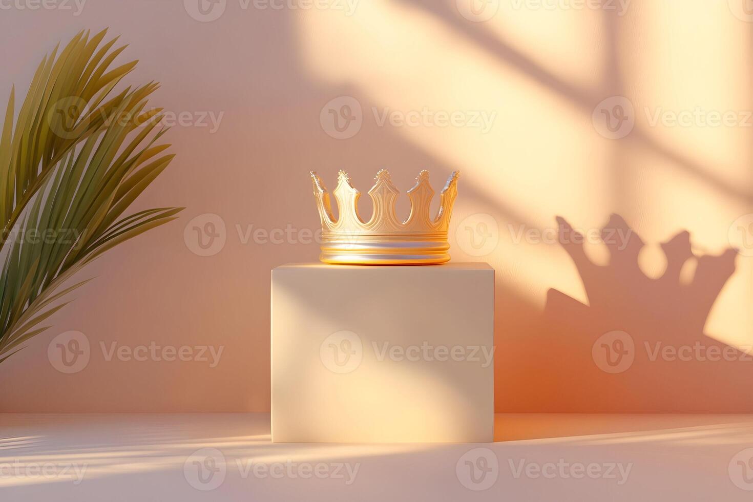 Golden crown on beige cube with palm leaf shadow. photo