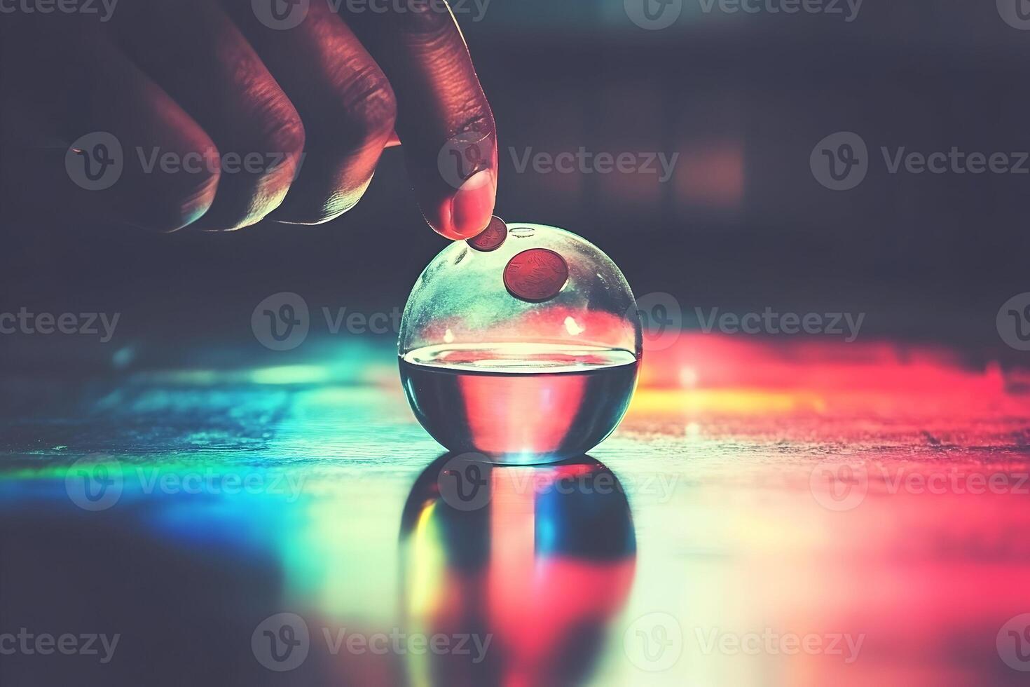 Hand placing red disc on glass sphere with liquid, colorful reflection. photo