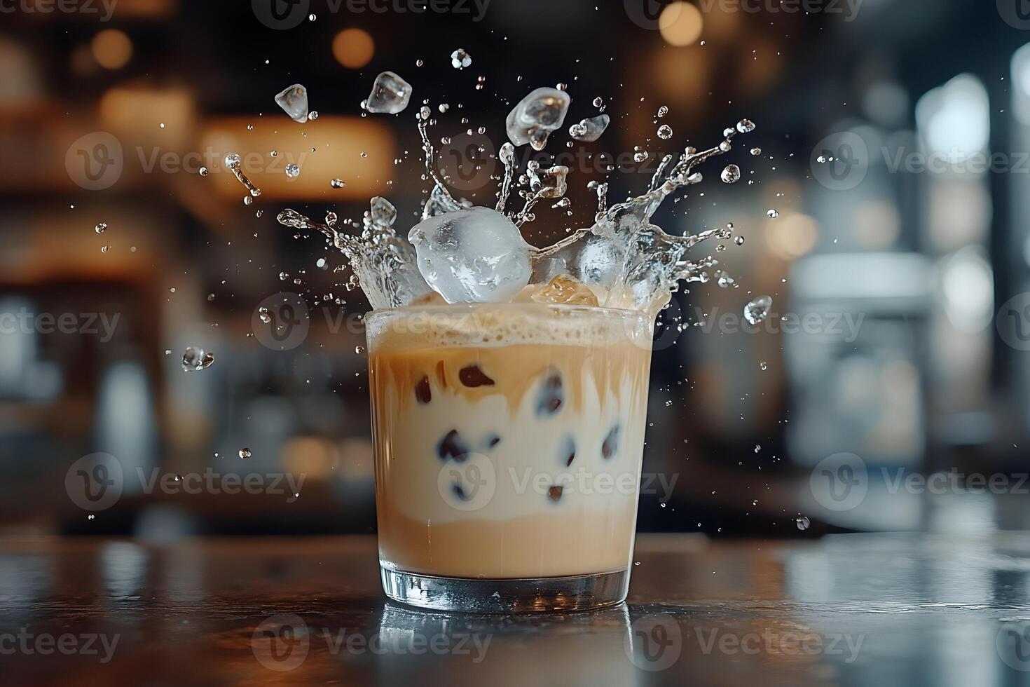 Iced coffee with ice cubes splashing in a glass on a bar counter. photo