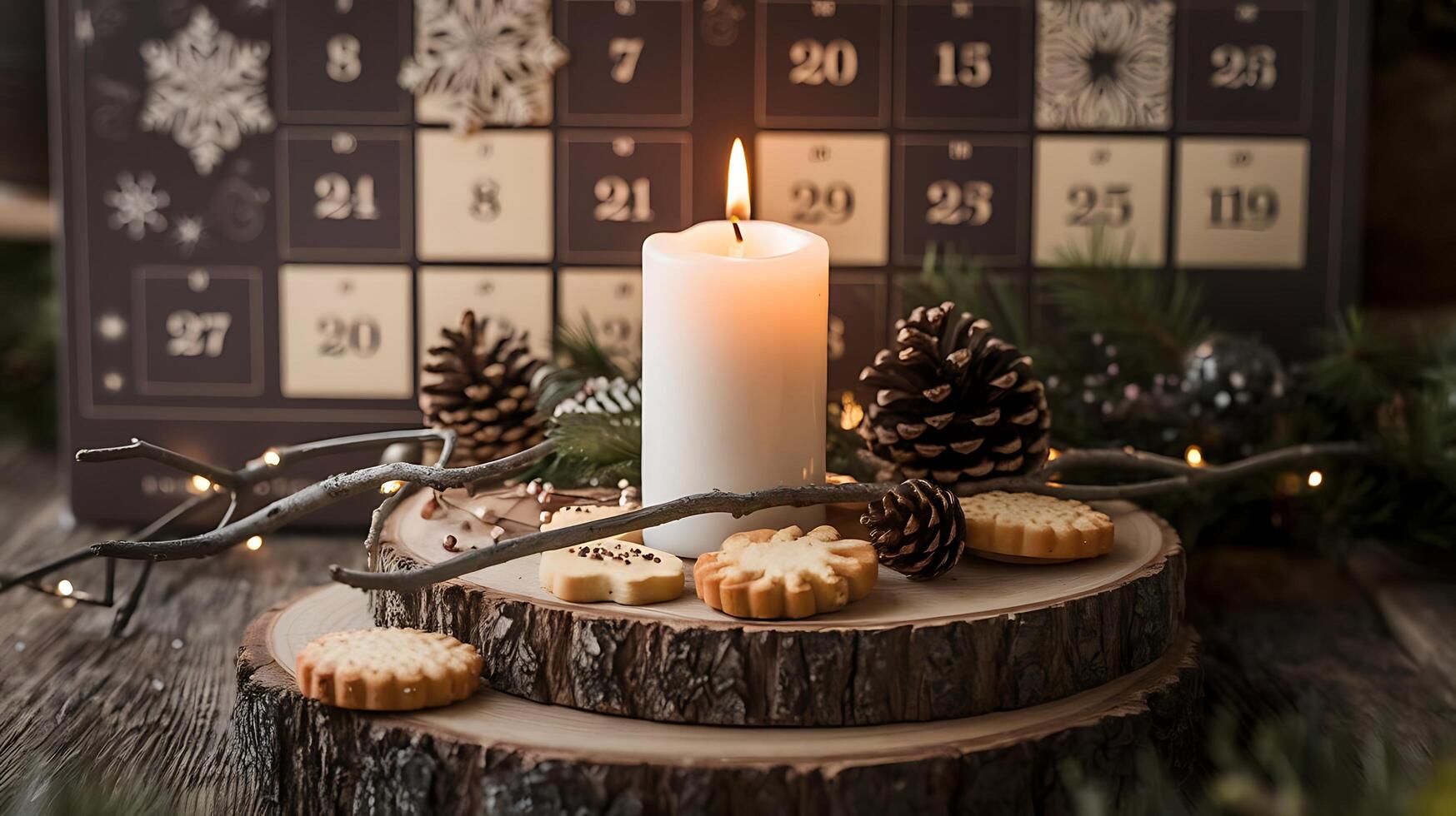 Advent Calendar, Christmas Candle, Pine Cones, Festive Cookies. photo