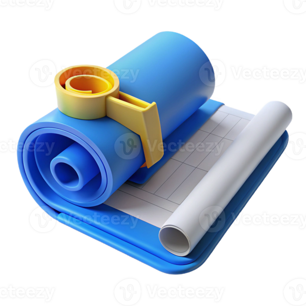 3D Render Blue Rolled Paper and Clipboard png