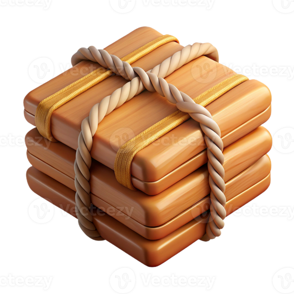 3D Render Wooden Stacked Blocks Bound by Rope png