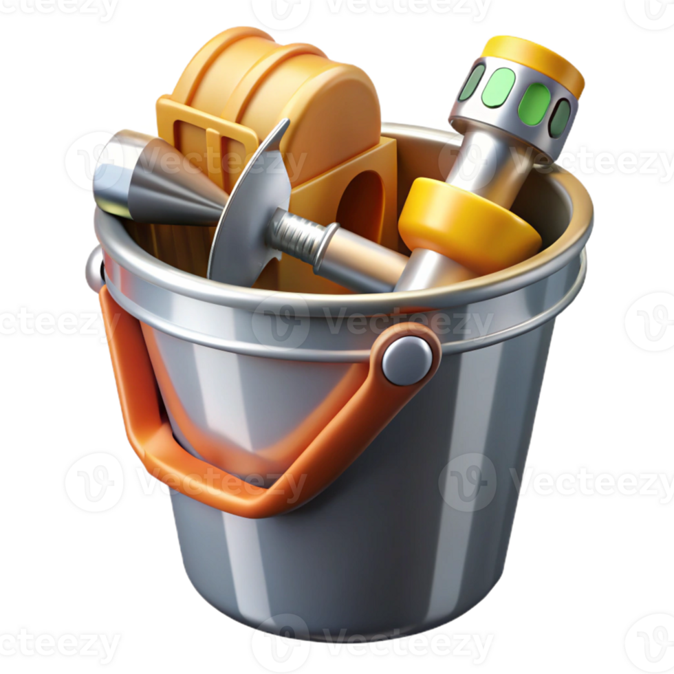 3D Render Metal Bucket with Tools png