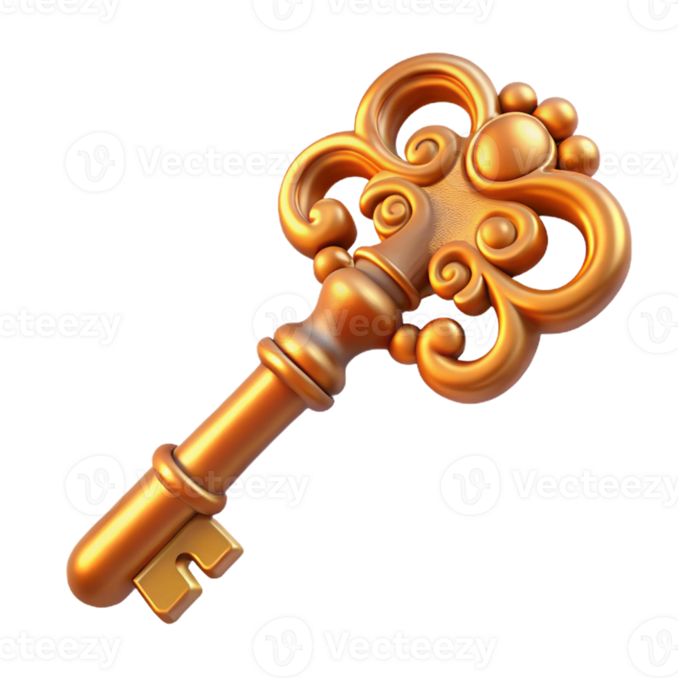 Ornate Golden Key 3D Render png