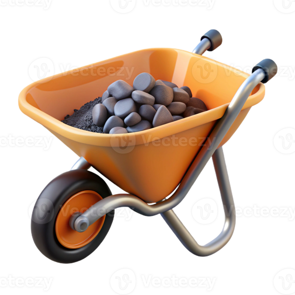 3D Render Orange Wheelbarrow with Stones png