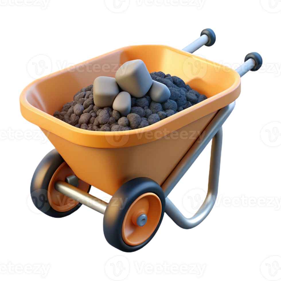 3D Render Orange Wheelbarrow Rocks png