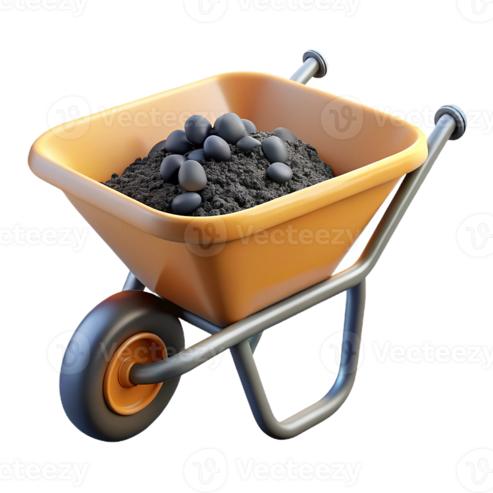 3D Render Wheelbarrow with Soil and Rocks png