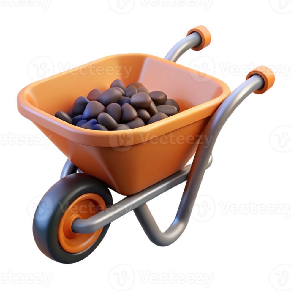 3D Render Orange Wheelbarrow with Rocks png