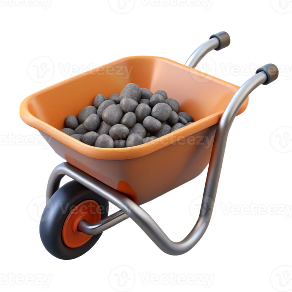 3D Render Orange Wheelbarrow with Stones png