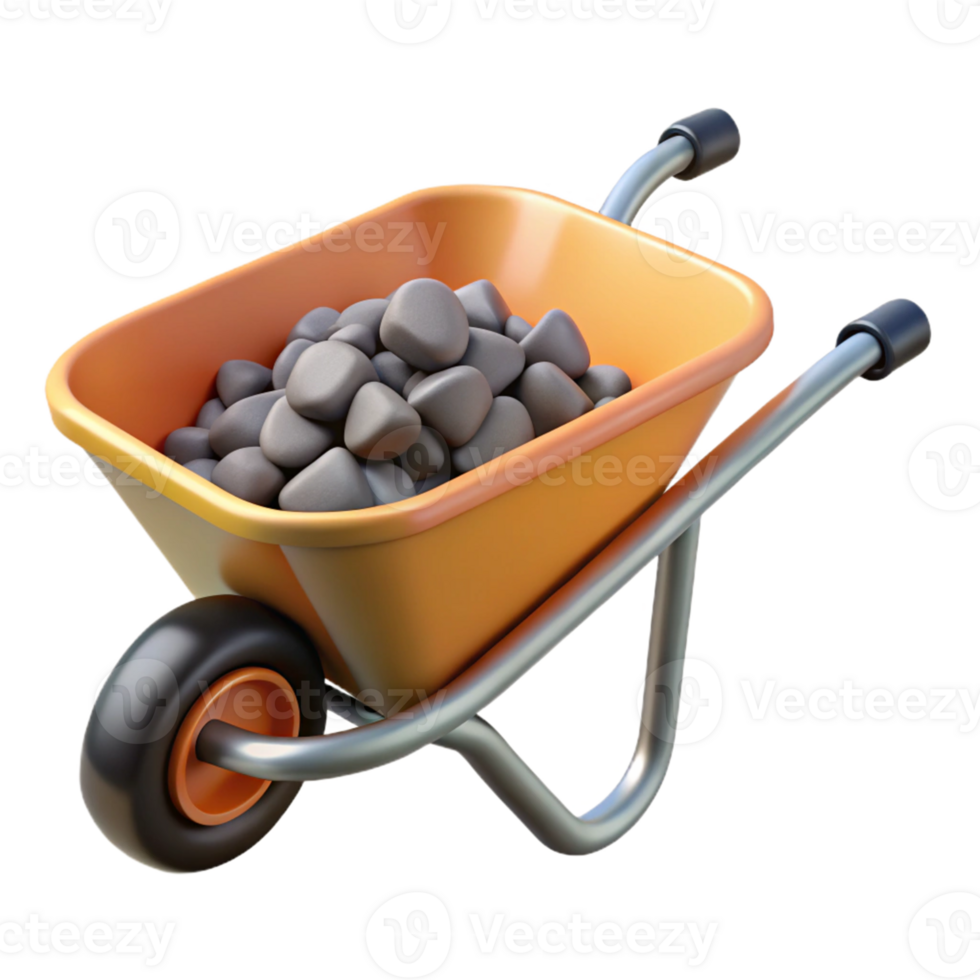 3D Render Orange Wheelbarrow with Rocks png
