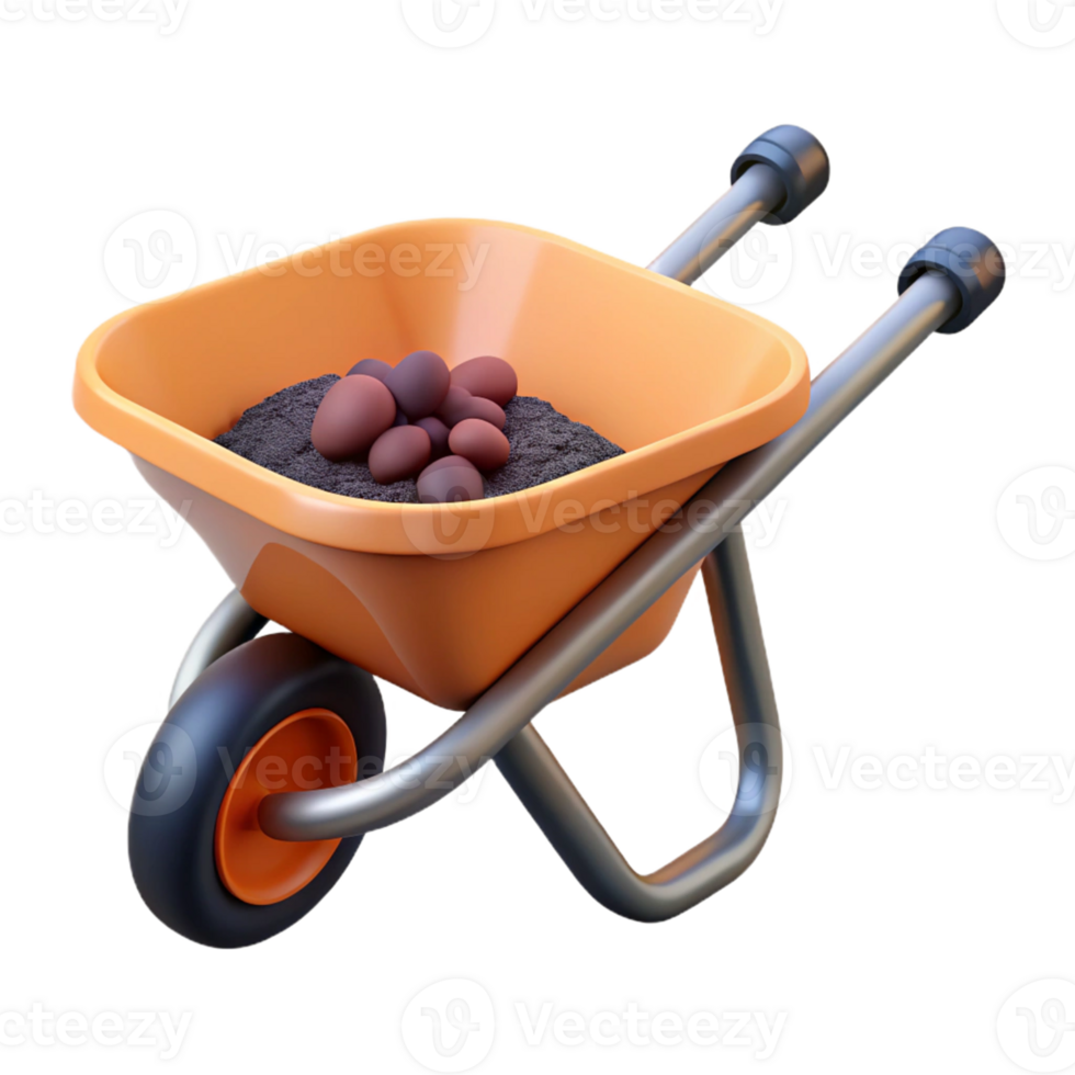 3D Render Orange Wheelbarrow with Soil and Stones png
