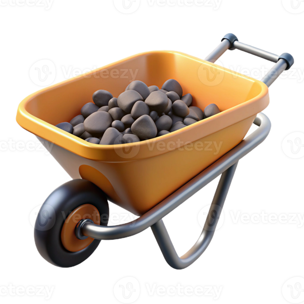 3D Render Orange Wheelbarrow with Rocks png