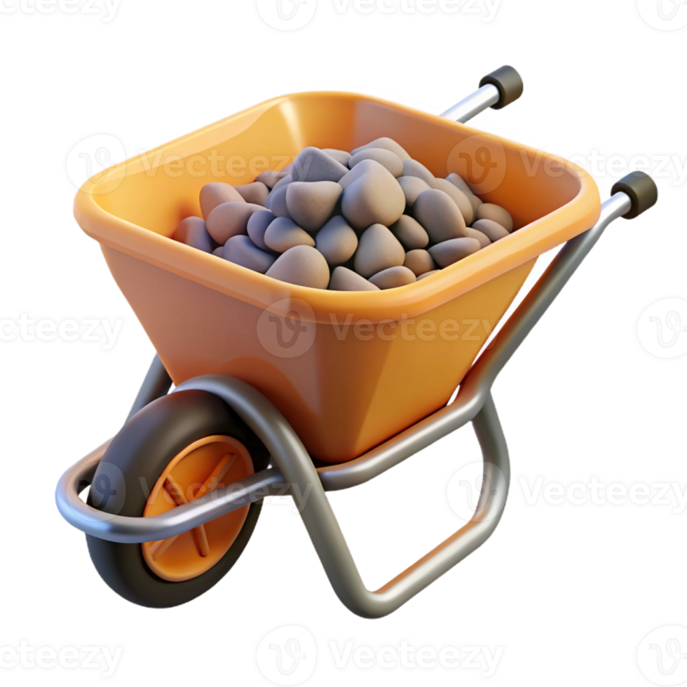 3D Render Orange Wheelbarrow with Stones png