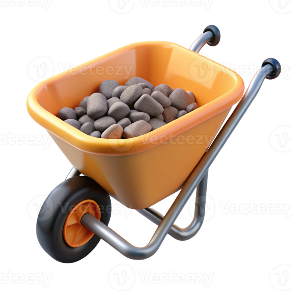 3D Render Orange Wheelbarrow with Stones png