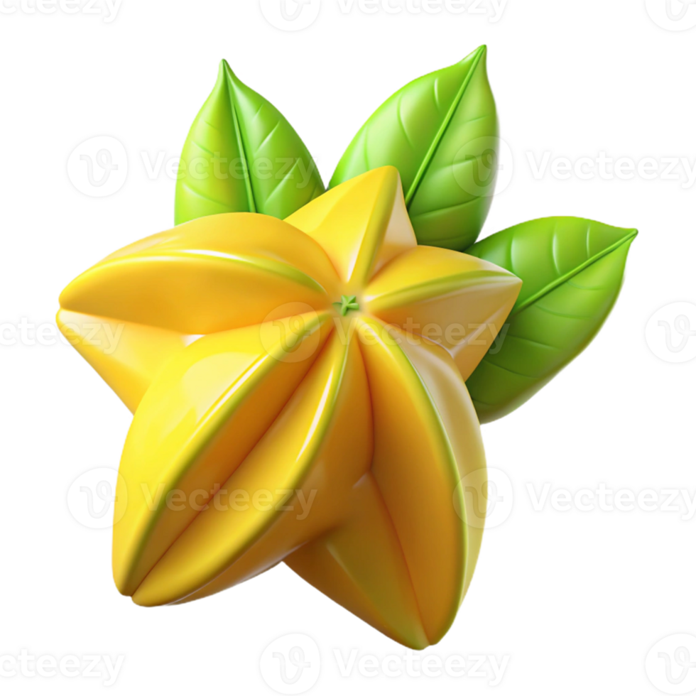 3D Star Fruit Illustration with Leaves png