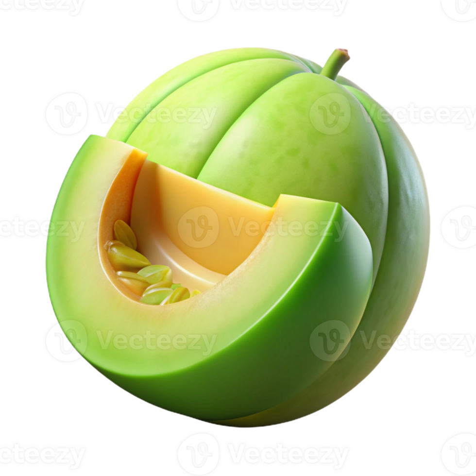 Green Melon 3D Illustration, Sliced and Whole png