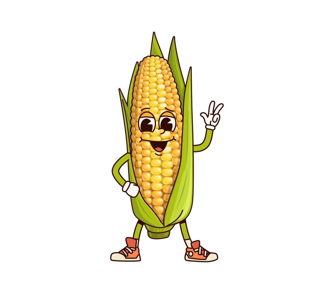 Groovy corn vegetable character giving peace sign vector