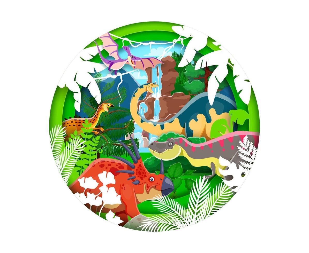 Paper cut prehistoric dinosaurs landscape vector