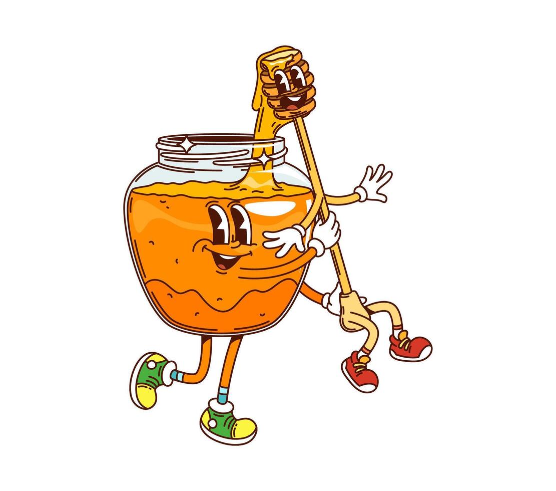 Cartoon groovy honey jar and dipper characters vector
