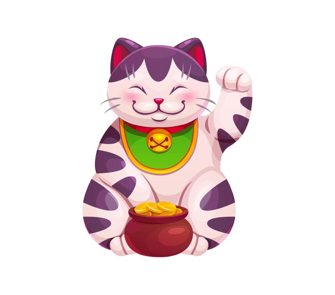Cartoon Japanese Maneki Neko cat with pot of gold vector