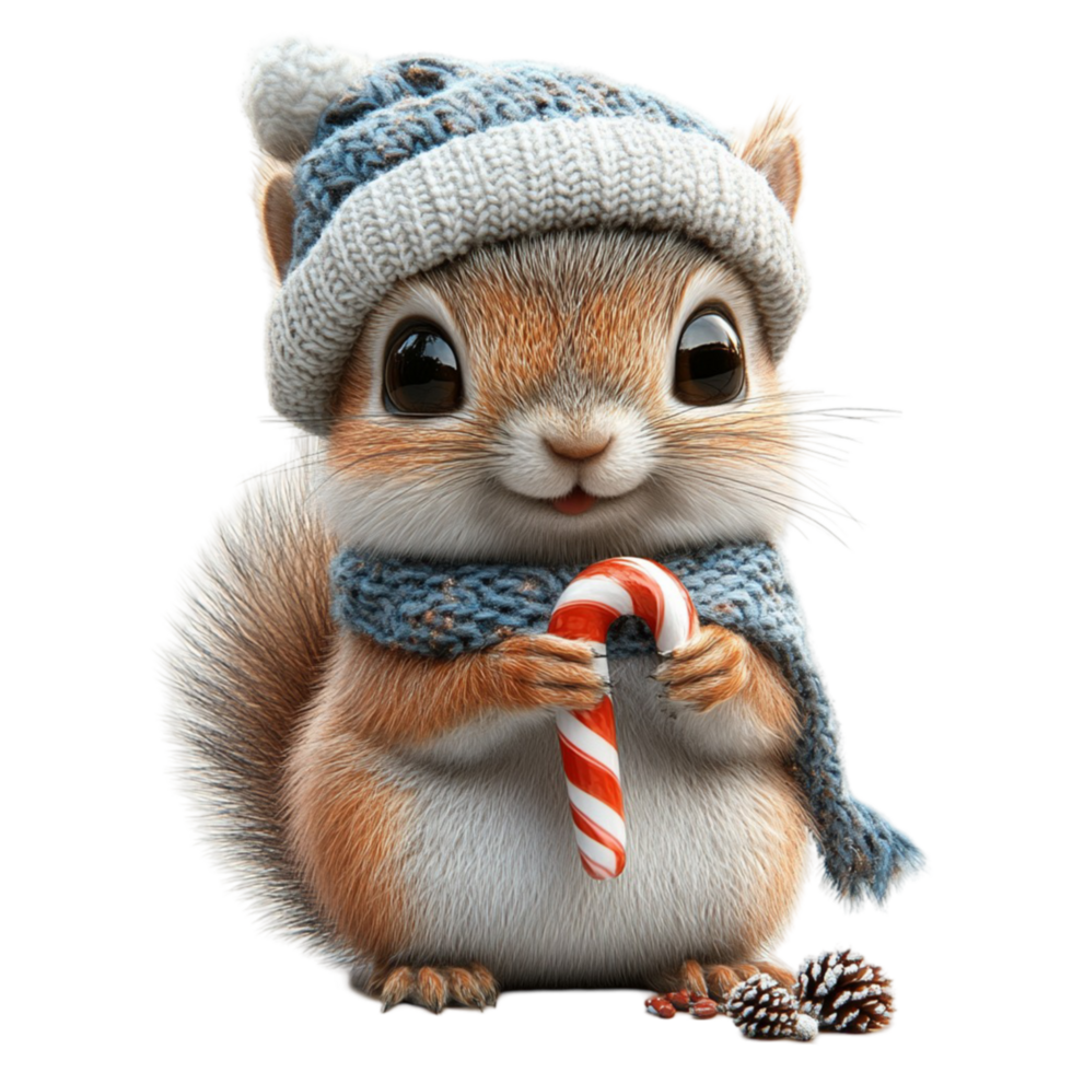 A cute squirrel holding a candy cane png