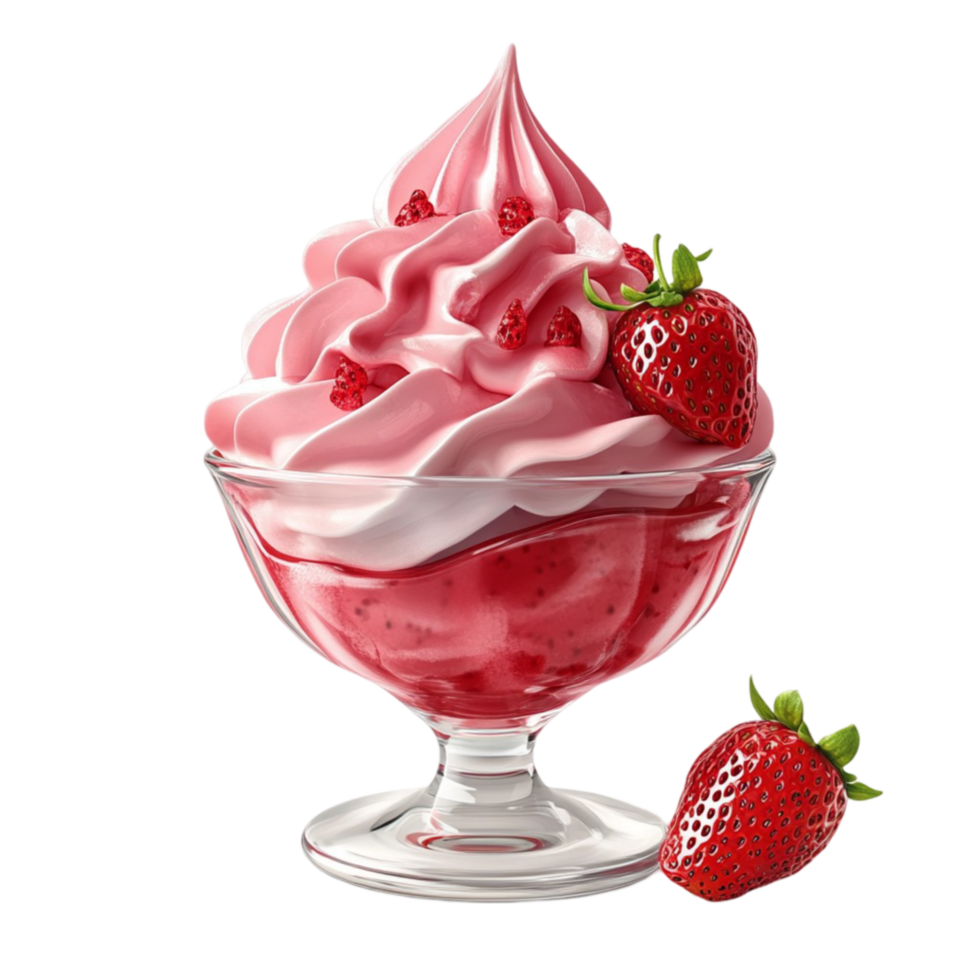 A strawberry ice cream sundae with whipped cream and strawberries png