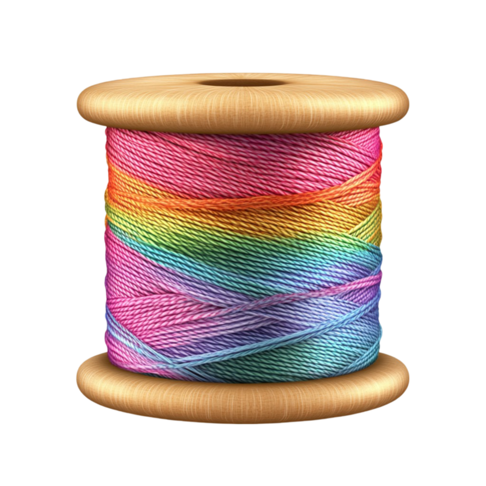 A spool of thread with a rainbow colored thread png