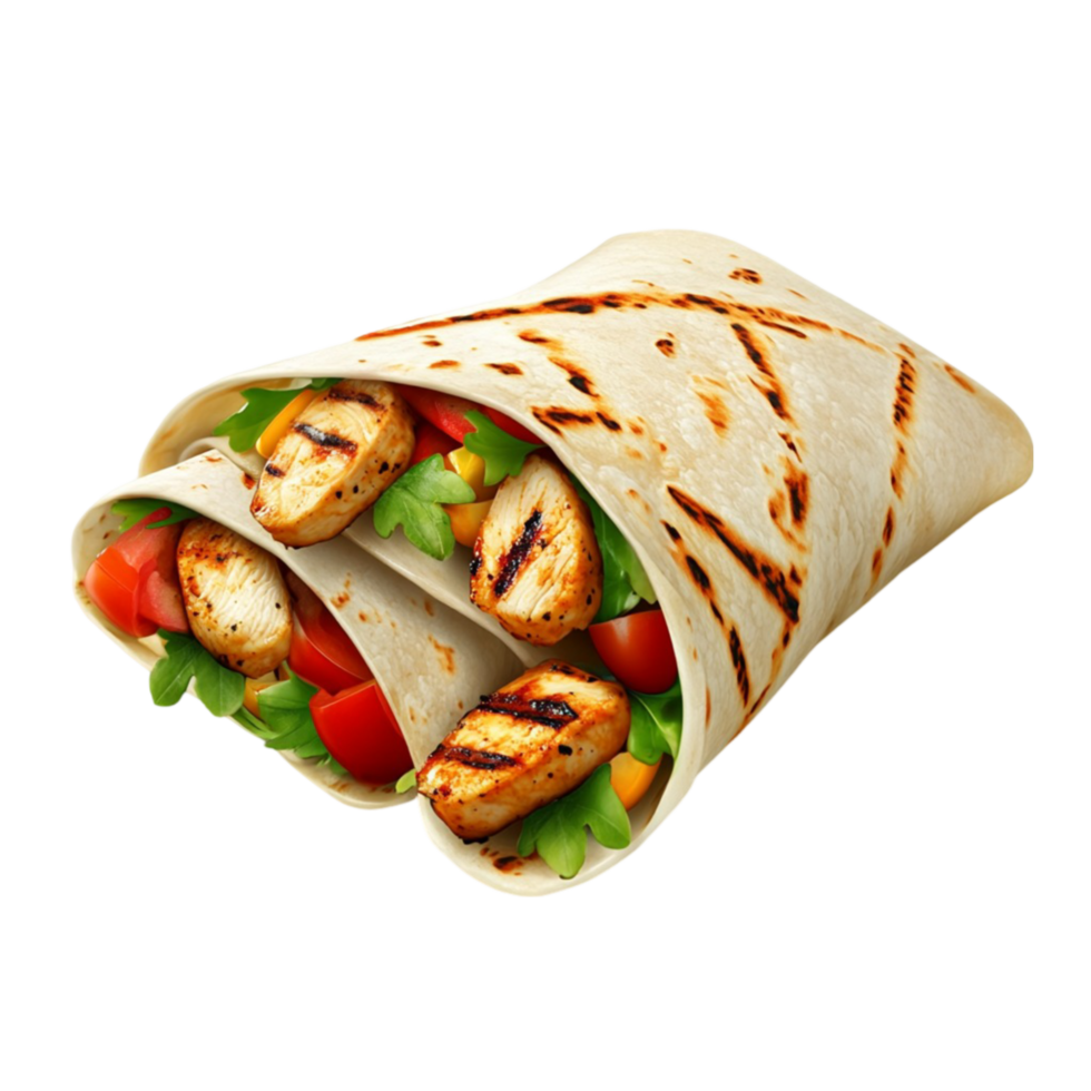 A chicken wrap with vegetables and tomatoes png