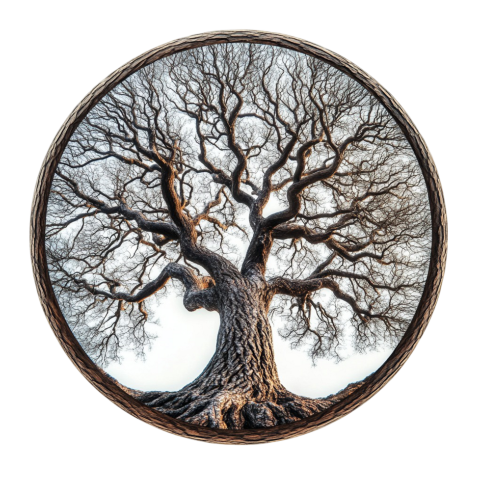 A large tree is shown in a circular frame png
