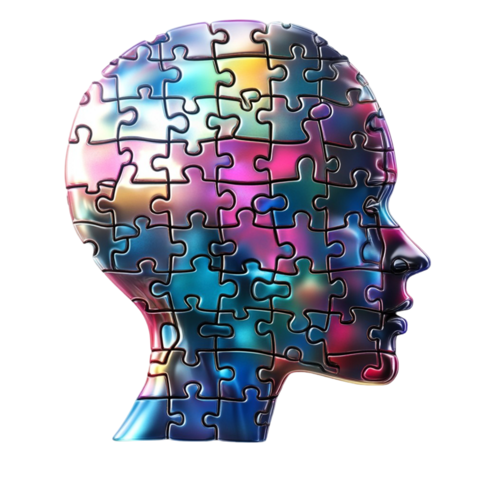 A colorful puzzle piece is shown in the head of a person png