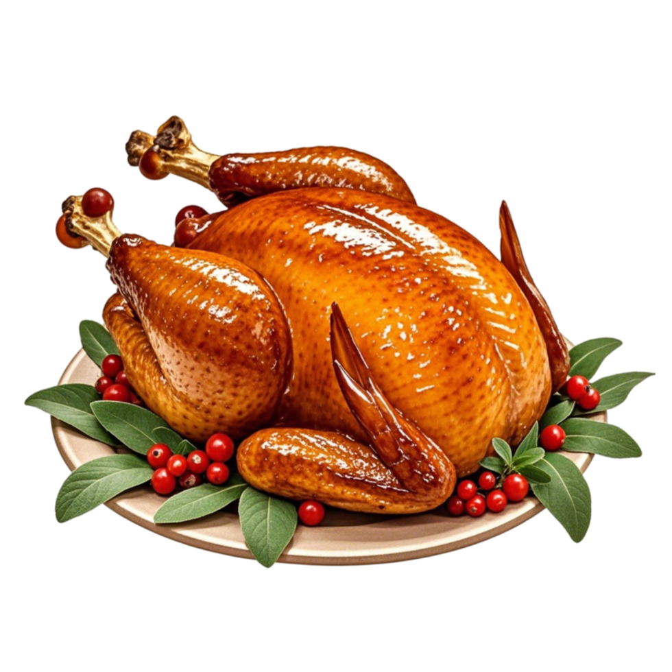 A turkey is sitting on a plate with berries png