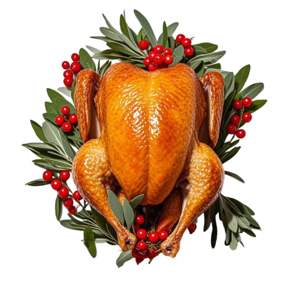 A turkey is surrounded by berries and leaves png
