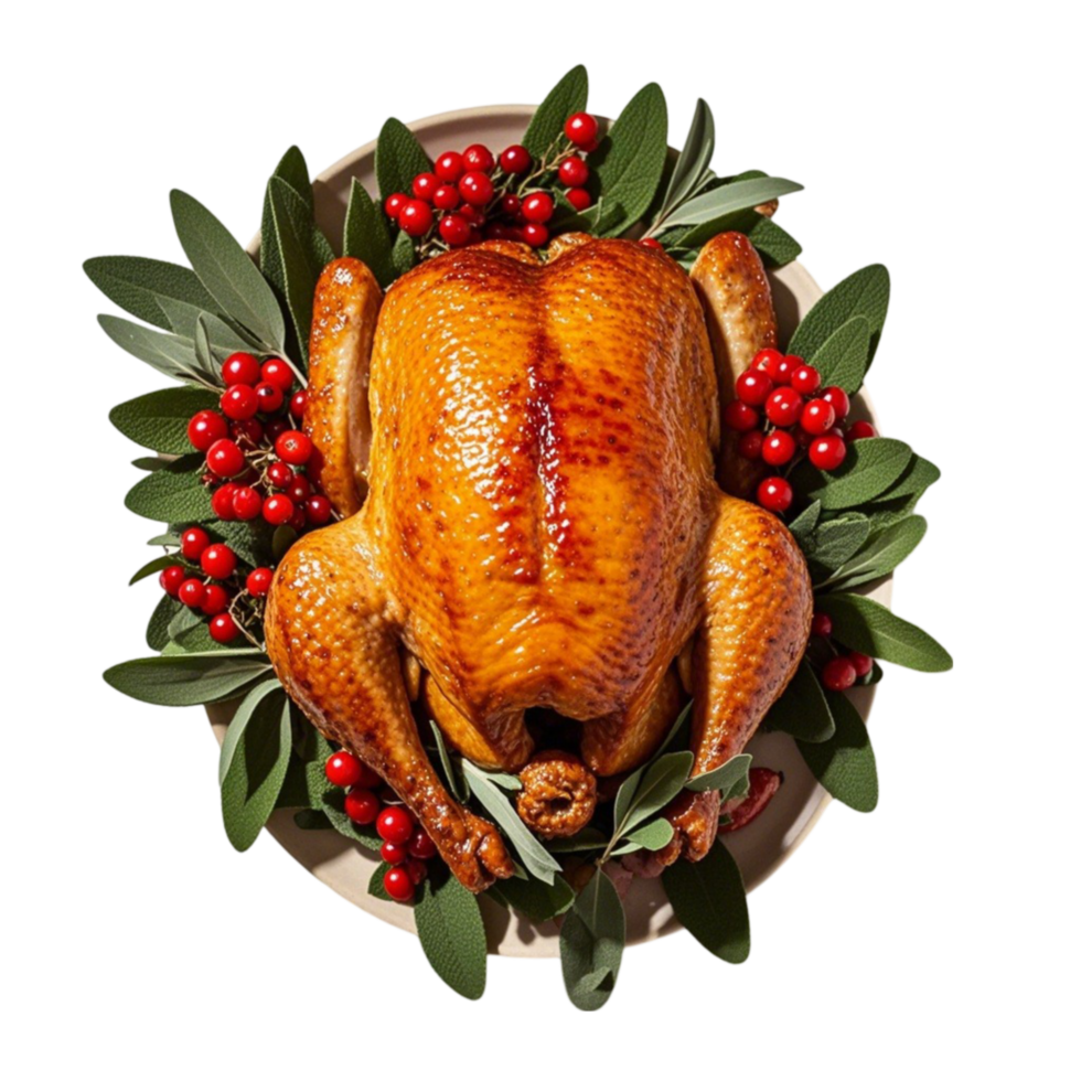 A roasted turkey with berries and leaves on a plate png