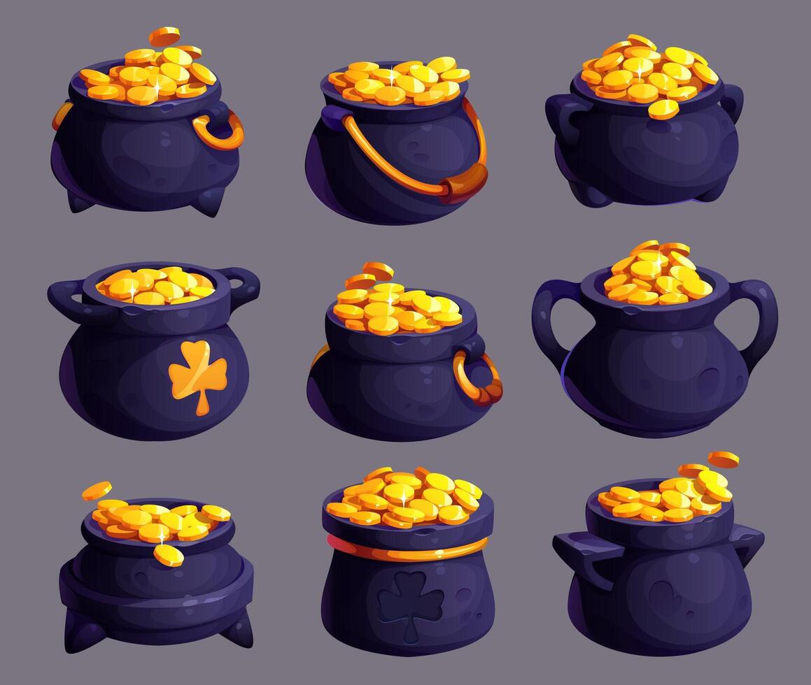 Leprechaun pots of gold coins, game asset, UI vector