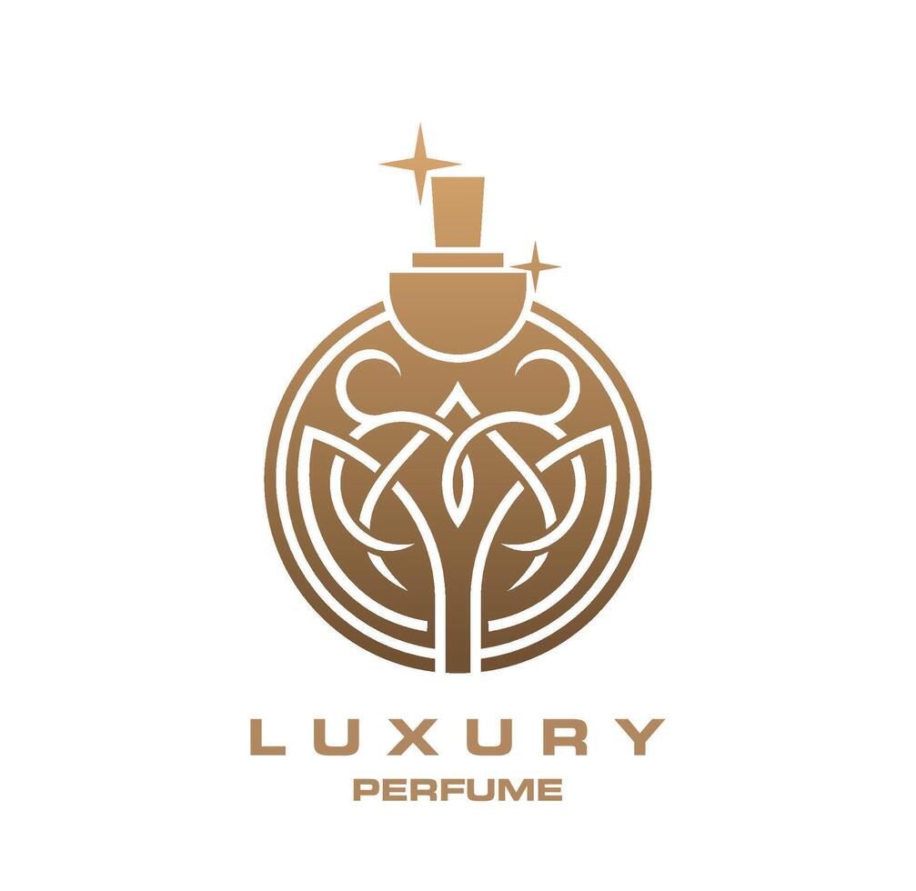 Luxury perfume icon, golden bottle, premium brand vector