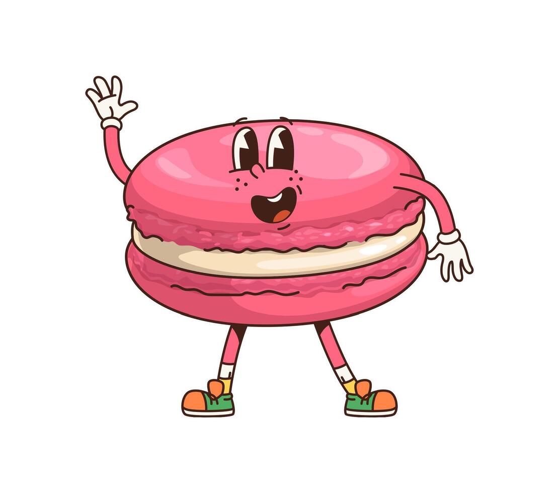 Retro groovy macaroon cartoon dessert character vector