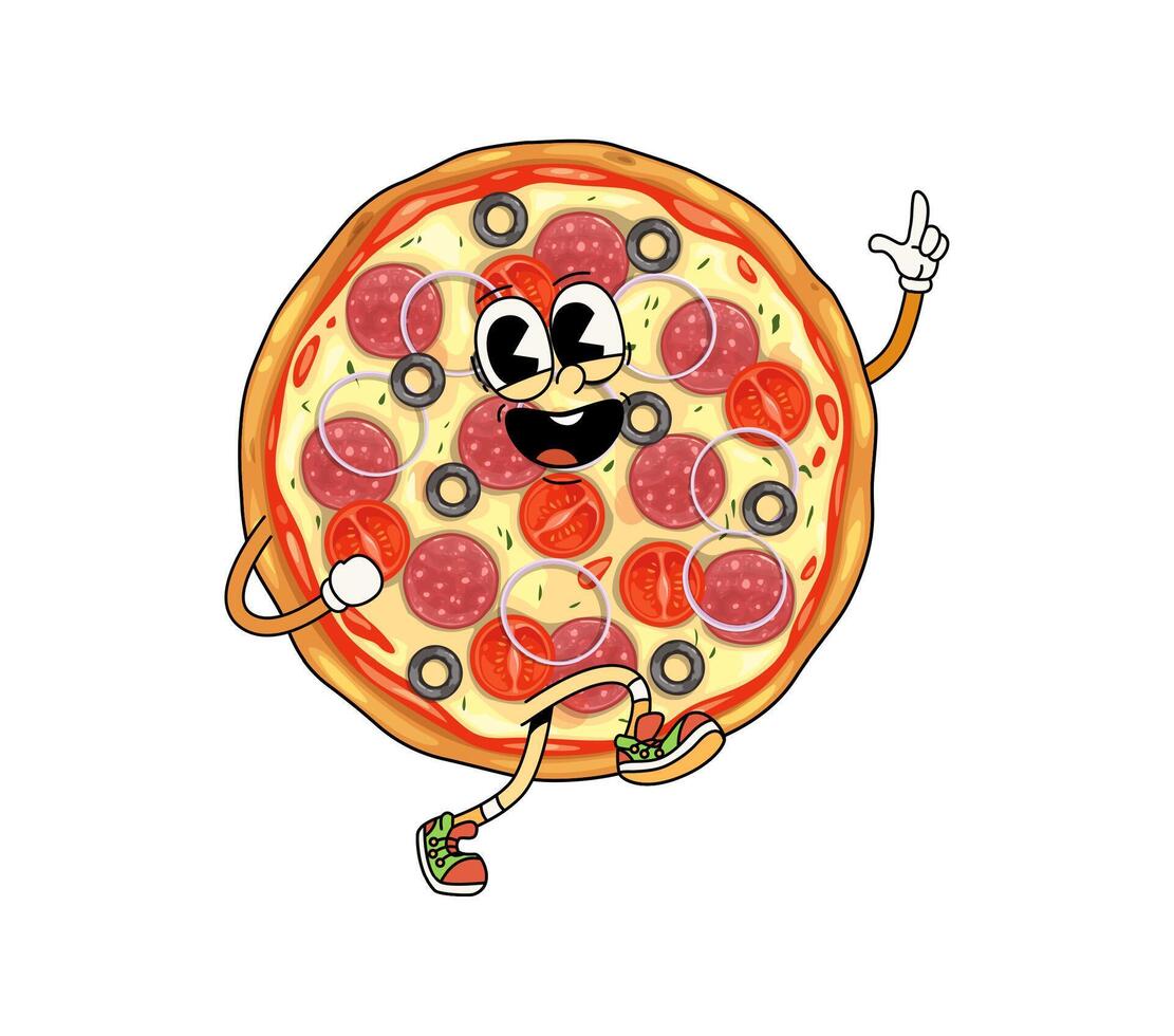 Groovy fast food pizza isolated cartoon character vector