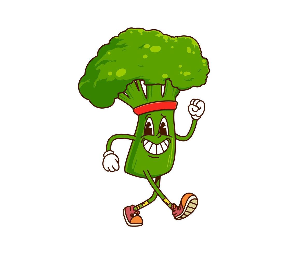Cartoon groovy broccoli vegetable character run vector