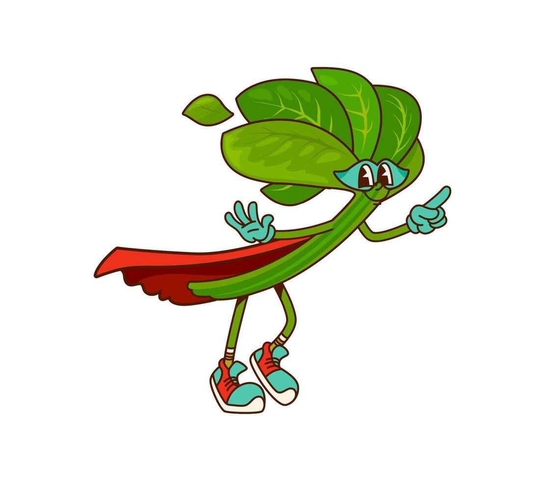Cartoon groovy spinach retro superhero character vector