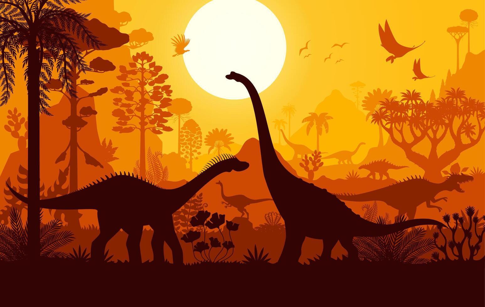 Prehistoric dinosaur silhouettes, sunset landscape vector