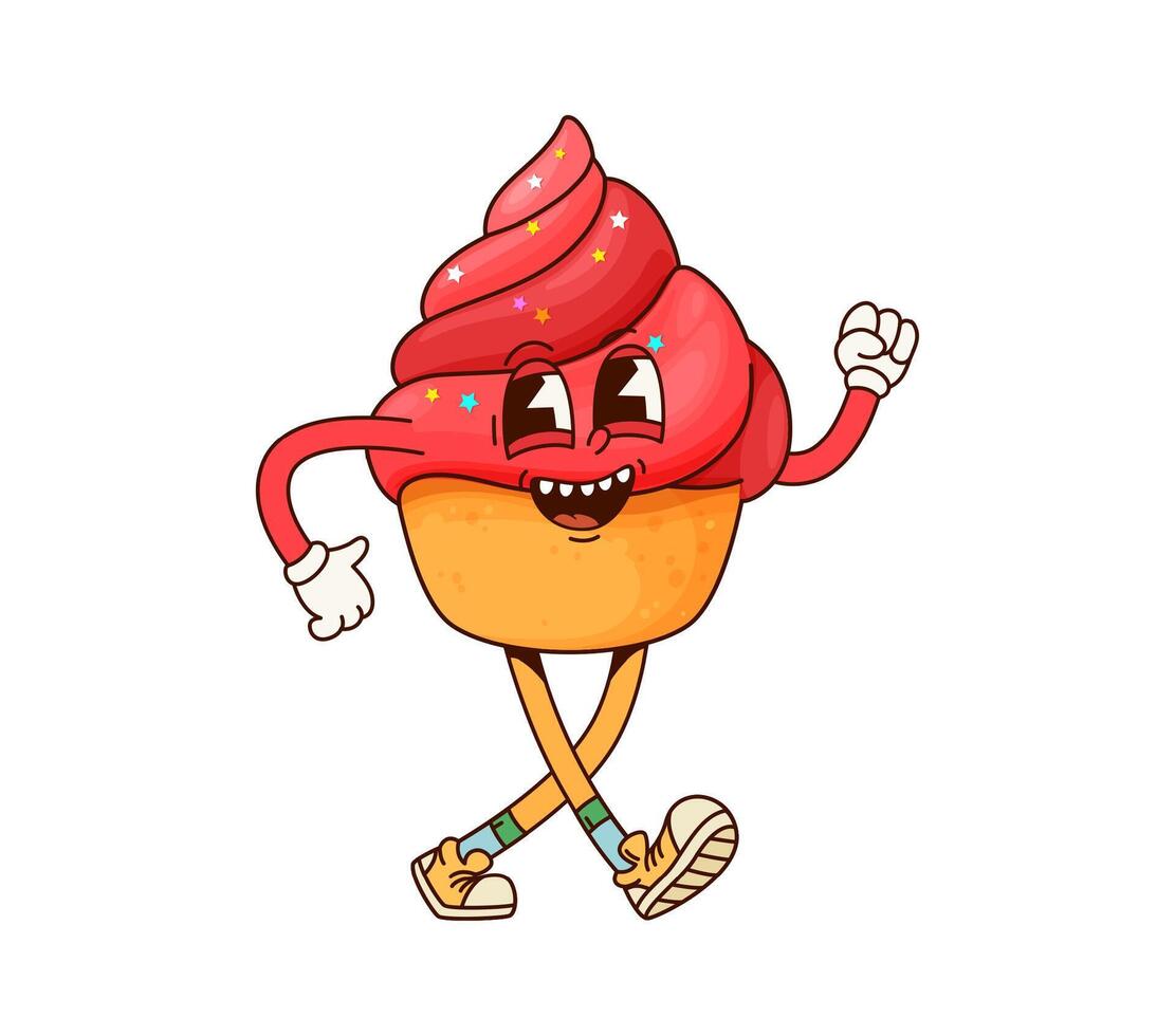 Bakery dessert groovy character, cupcake pastry vector