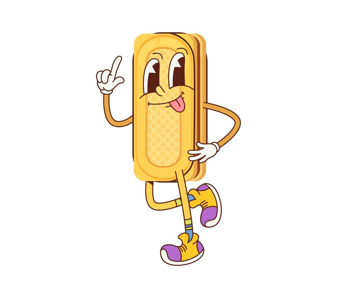 Funny cookie or waffle cartoon groovy character vector