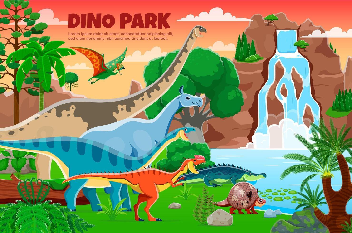 Dino park banner with prehistoric dino reptiles vector