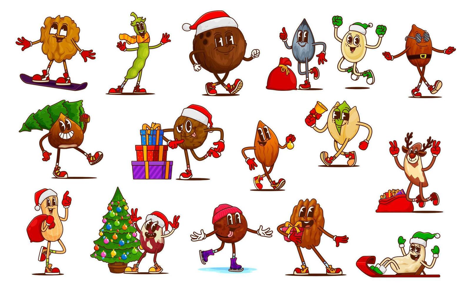 Christmas nut and bean groovy cartoon characters vector