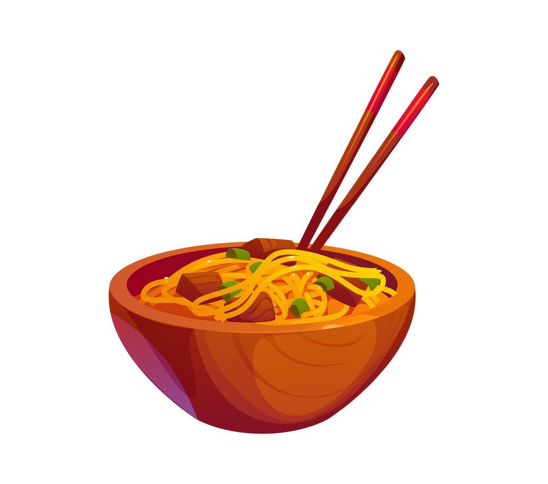 Wooden bowl filled with appetizing Chines noodles vector