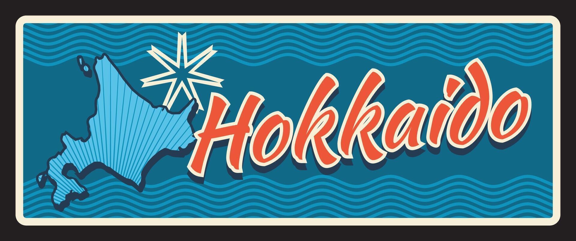 Hokkaido Japan prefecture retro travel plate vector