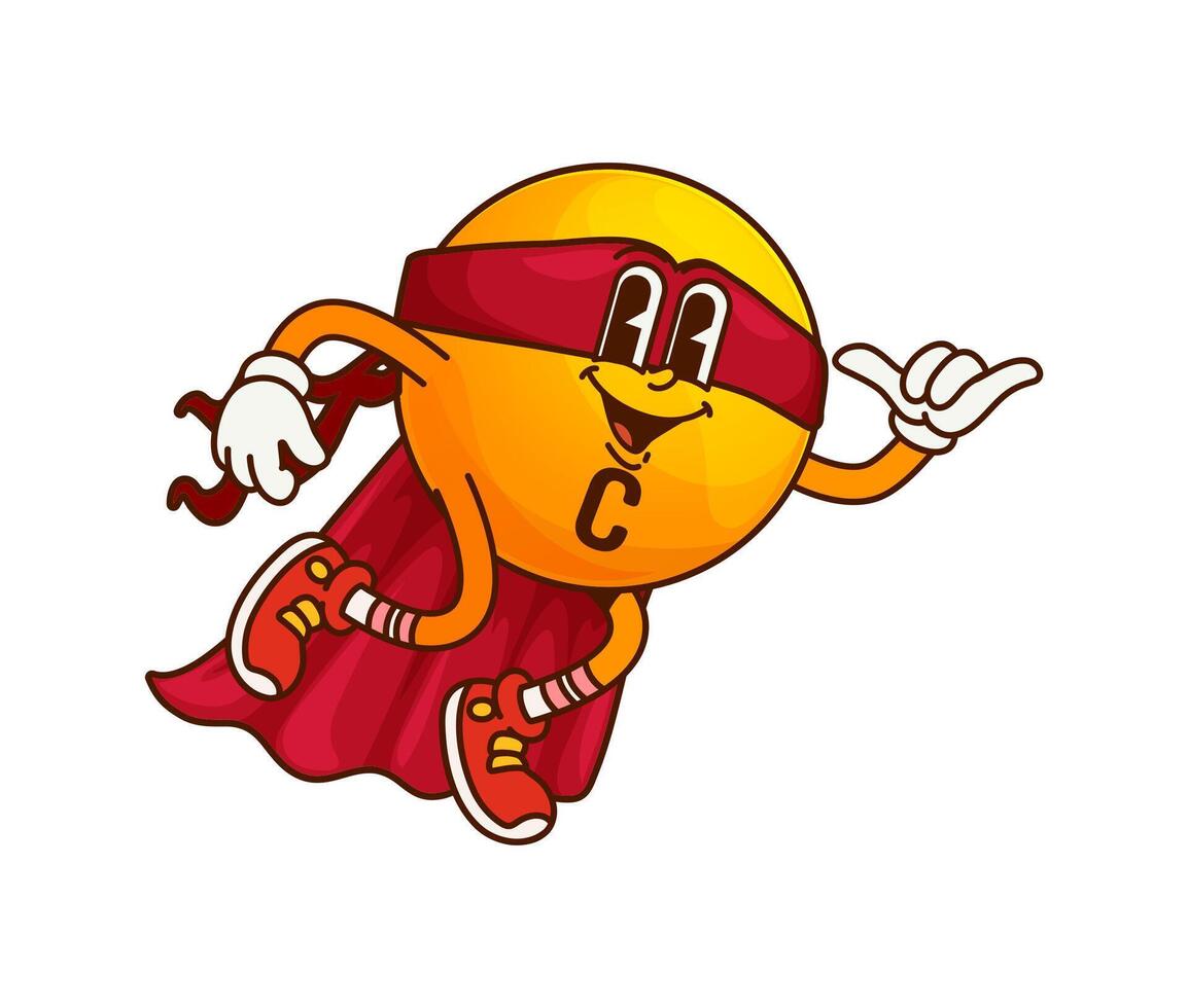 Cartoon groovy vitamin C superhero retro character vector