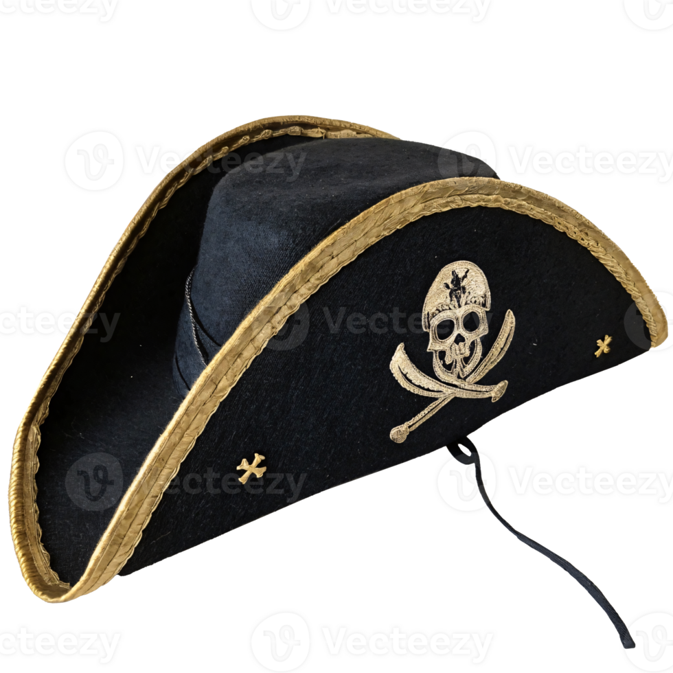 Black pirate hat with skull and crossbones emblem on transparent background. png