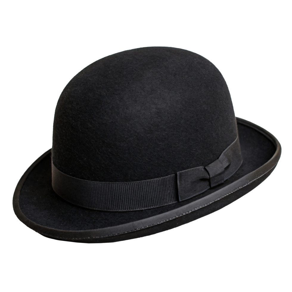 Black bowler hat with ribbon on transparent background. png