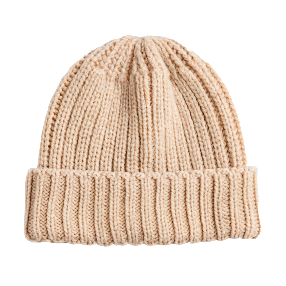 Beige knitted beanie with ribbed design on transparent background. png